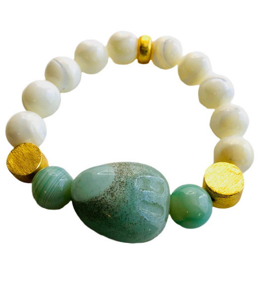 Green Aventurine Tumbled Stone and Mother of Pearl Brushed Gold Vermeil Bracelet