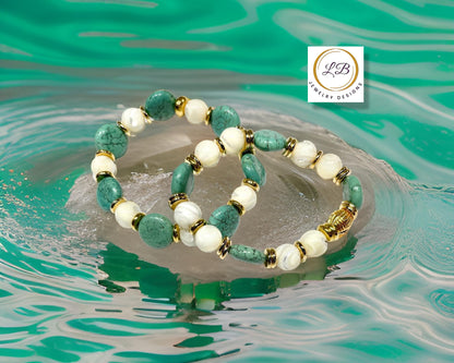 Creamy Mother of Pearl & Green Turquoise Gemstone Bracelet