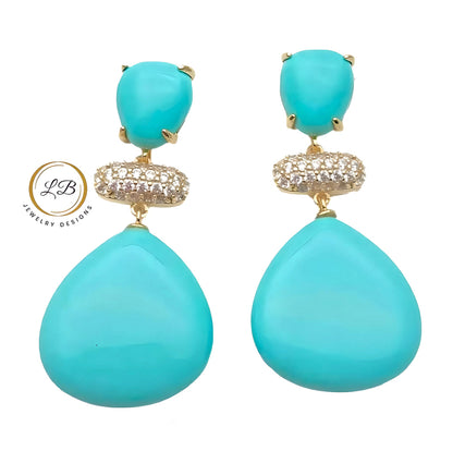 Sleeping Beauty Turquoise Gold Pave Dangle Earrings 1.7”