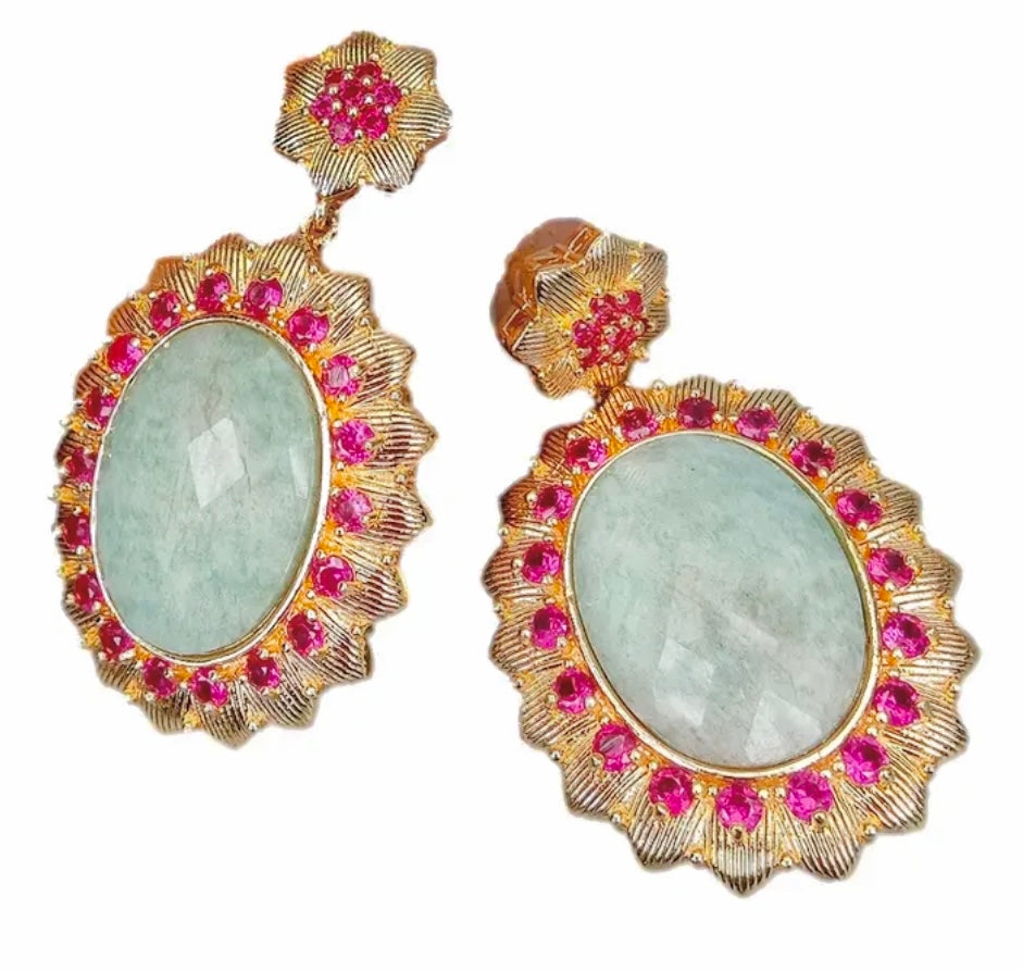 Green Amazonite Gemstone and Pink Bezel Statement Earrings 2"