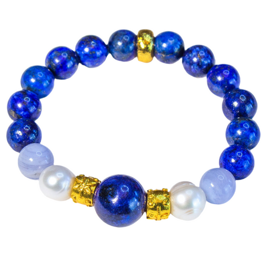 Lapis Lazuli, Pearls & Blue Lace Gemstone Beaded Bracelet