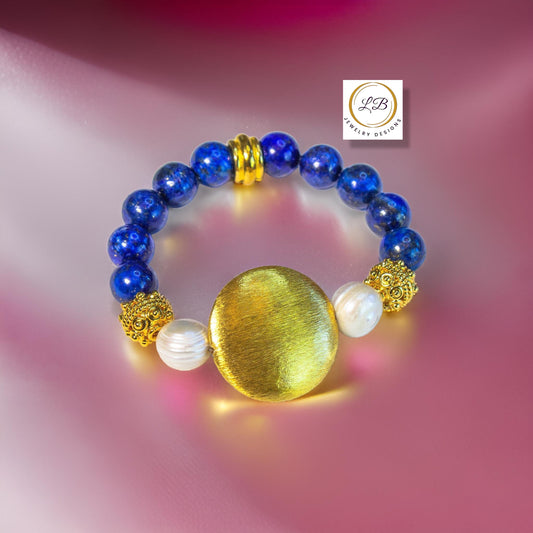 Lapis Lazuli & Pearl Gemstone Brushed Gold Vermeil Beaded Bracelet