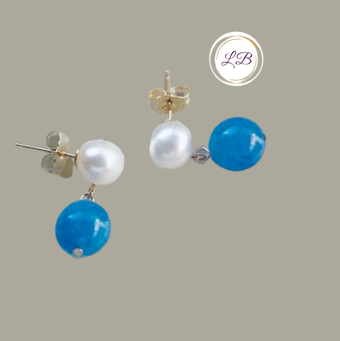 Pearl & Blue Jade Stud Dangle Earrings