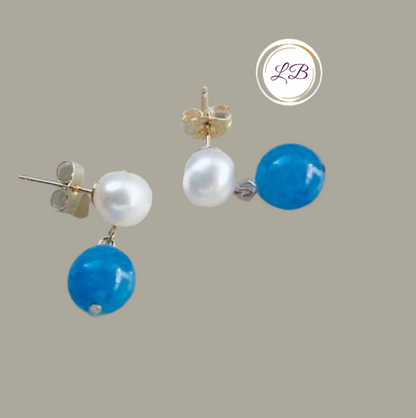 Pearl & Blue Jade Stud Dangle Earrings