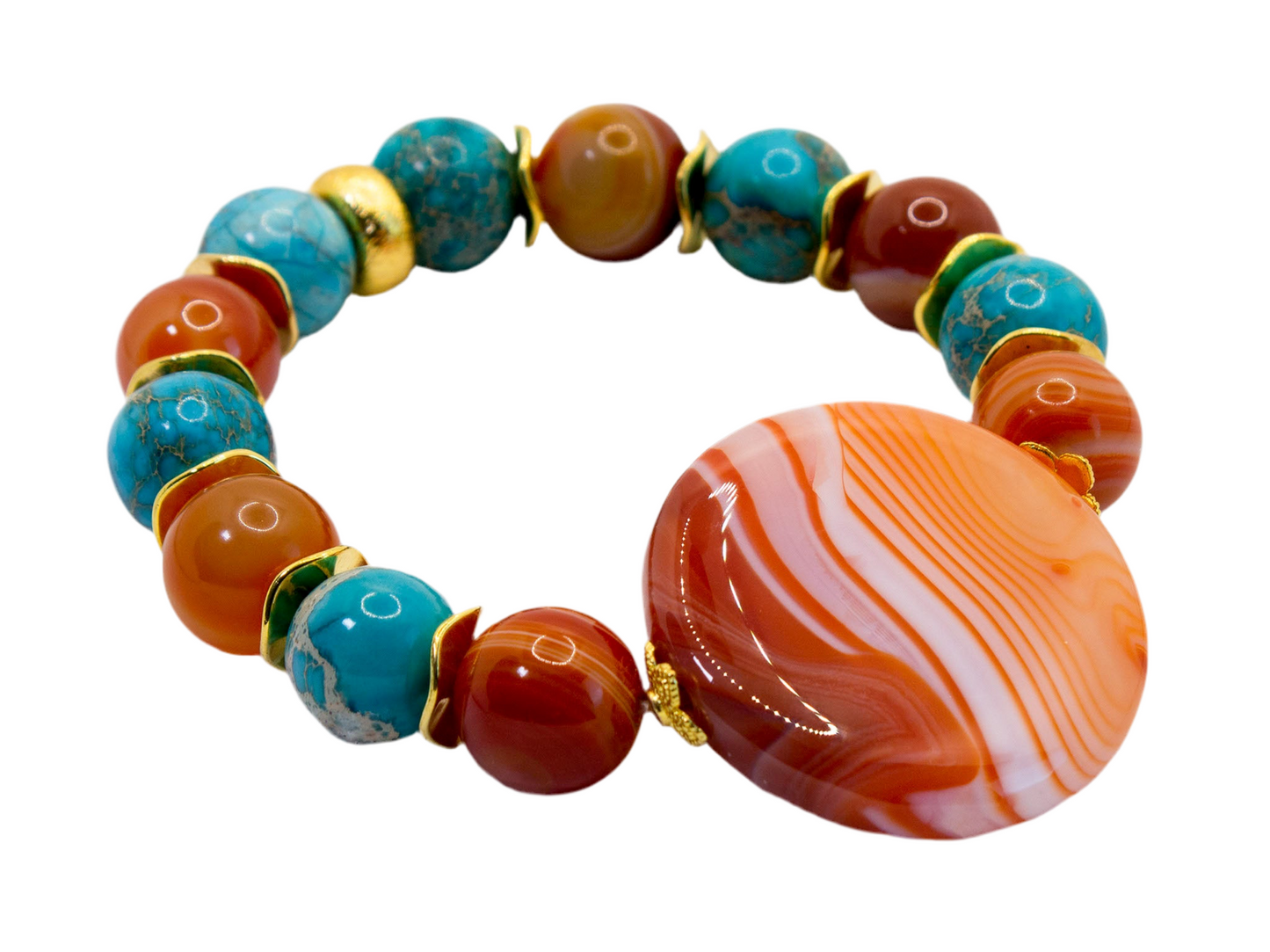 Orange Carnelian and Turquoise Gemstone Beaded Bracelet with Striped Onyx Center Accent