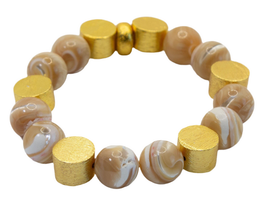 Mother of Pearl (Beige) Beaded Bracelet with Brushed Gold Vermeil