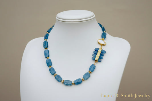 Blue Kyanite & Biwa Pearl Statement Necklace with Gold Pavé Accent - Luxury Resort Jewelry