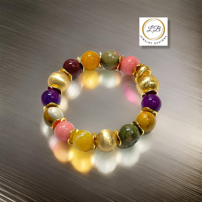 Multi-Gemstone Rhodochrosite, Sugilite & Jade Gemstone Gold Beaded Bracelet