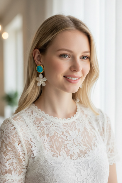 Turquoise and Pearl Gemstone Flower Statement Earrings 2.2”