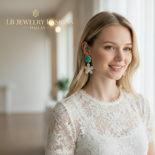Turquoise and Pearl Shell Flower Statement Earrings – 24k Gold Plated Turquoise Floral Dangle Earrings