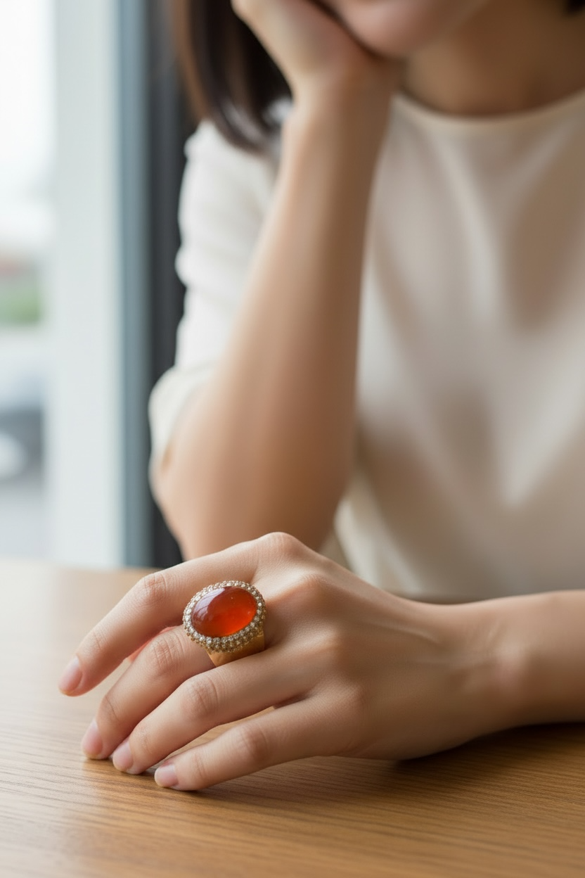 Bright Orange Carnelian and Pave Adjustable Cigar Ring