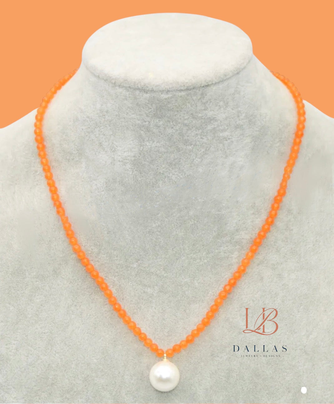 Orange Jade & Pearl Pendant Necklace – Gold Minimalist Gemstone Necklace 18”