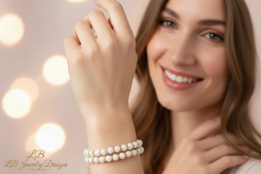 White Alabaster & Gold Gemstone Bracelet | LB Jewelry Store Dallas Texas