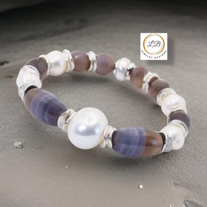 Gray-Striped Agate & Pearl Gemstone Silver Beaded Bracelet