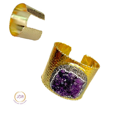 Natural Purple Amethyst Druzy Adjustable Statement Cuff Bracelet