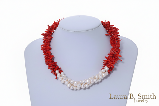 Luxury Red Coral & Freshwater Pearl Triple-Strand Necklace - Statement Resort Jewelry