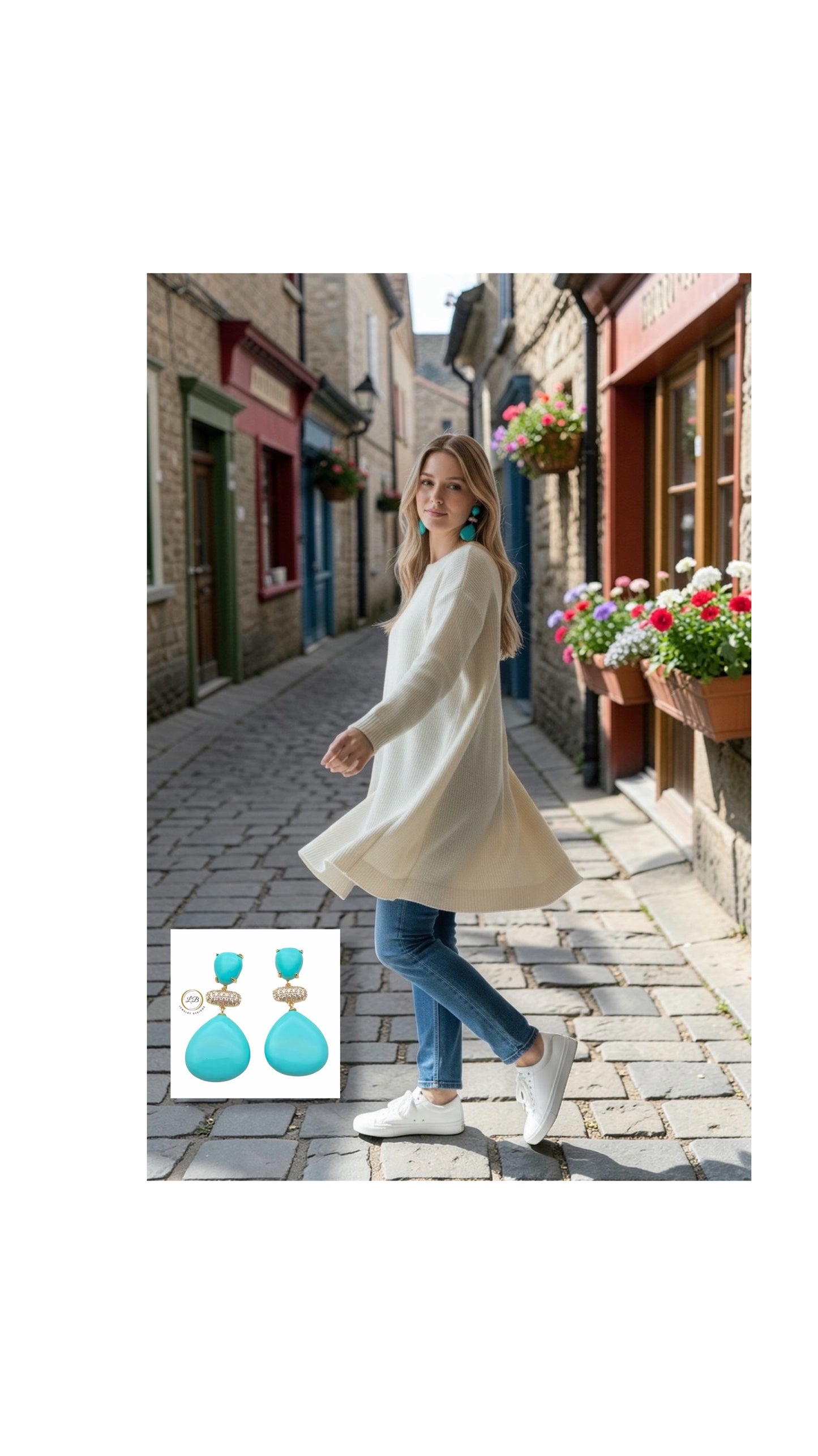 Sleeping Beauty Turquoise Gold Pave Dangle Earrings 1.7”