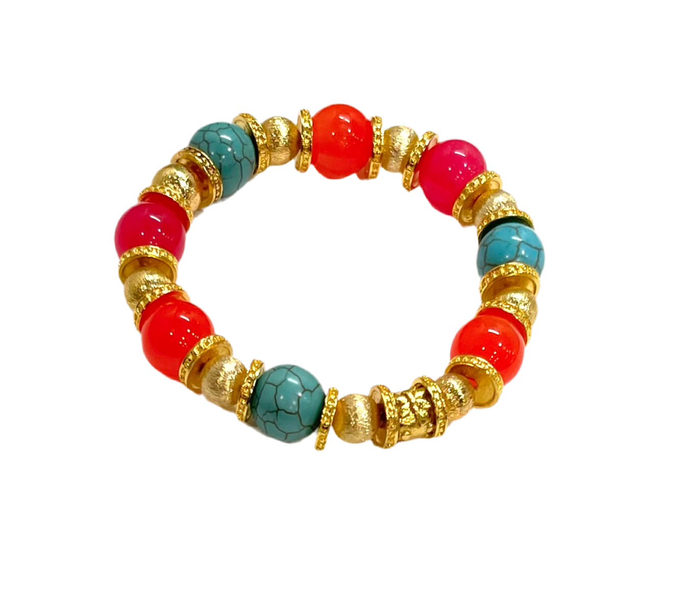 Pink, Orange Quartz and Turquoise Gold Beaded Bracelet