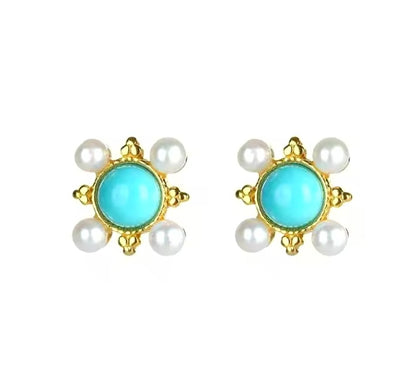 Petite Sleeping Beauty Turquoise & Pearl Stud Earrings