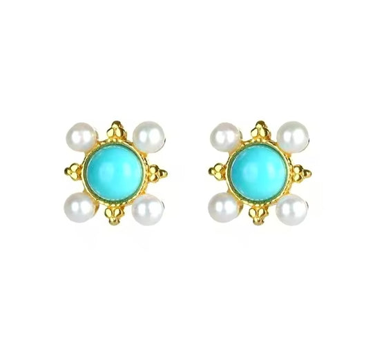 Petite Sleeping Beauty Turquoise & Pearl Stud Earrings