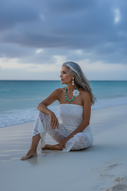 Turquoise & Pearl Pendant Statement Necklace 20”