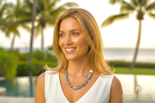 Blue Kyanite & Biwa Pearl Statement Necklace with Gold Pavé Accent - Luxury Resort Jewelry