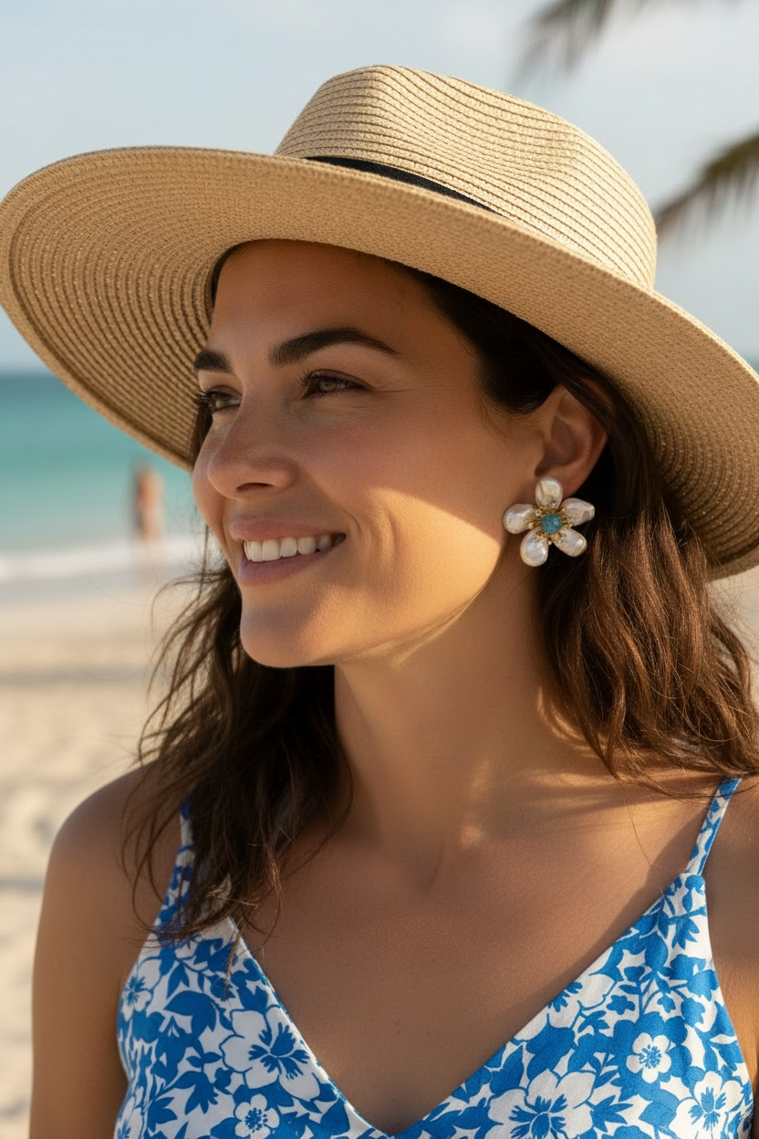 Pearl Petals & Aquamarine Flower Statement Earrings 1"