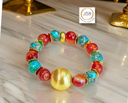 Orange Carnelian & Turquoise Gemstone 18k Brushed Gold Vermeil Statement Bracelet