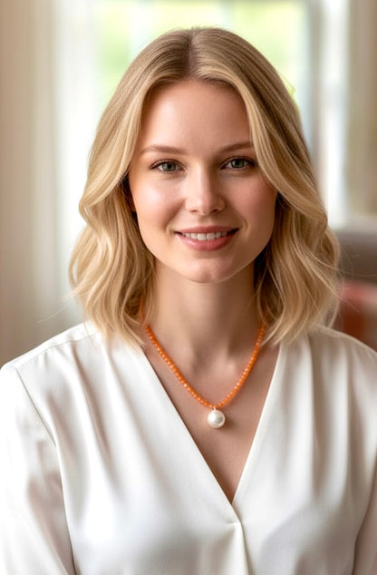 Orange Jade & Pearl Pendant Necklace – Gold Minimalist Gemstone Necklace 18”