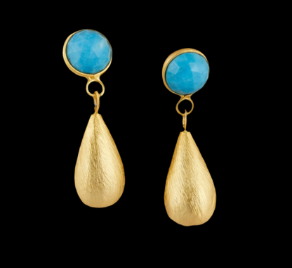 Turquoise Gemstones and 22k Brushed Gold Vermeil Teardrop Dangle Earrings 1.5”