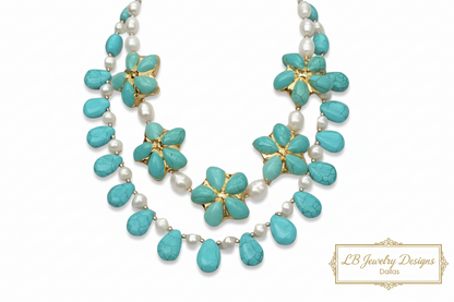Turquoise Flower & Pearl Double-Strand Statement Necklace – 22k Gold Vermeil Resort Jewelry