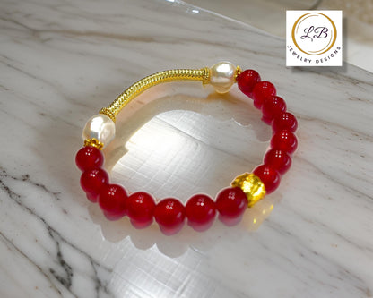 Red Aventurine & Pearl Gemstone Gold Bali Beaded Bracelet