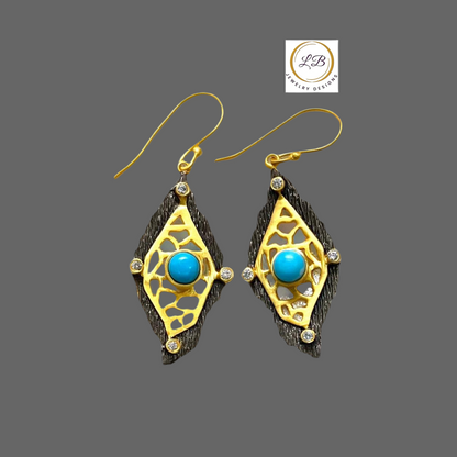 Intricate Gold Vermeil, Rhodium & Turquoise Dangle Earrings 2.5”