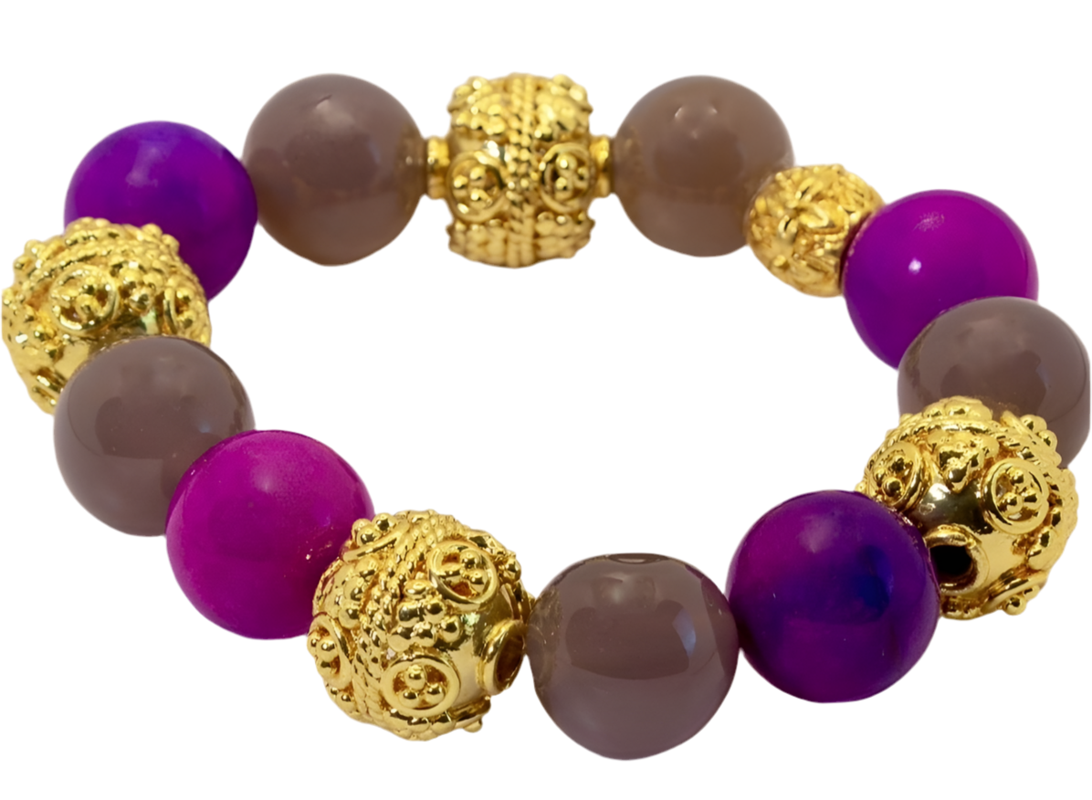 Purple Sugilite & Grey Onyx Gemstones 18k Gold Bali Statement Bracelet