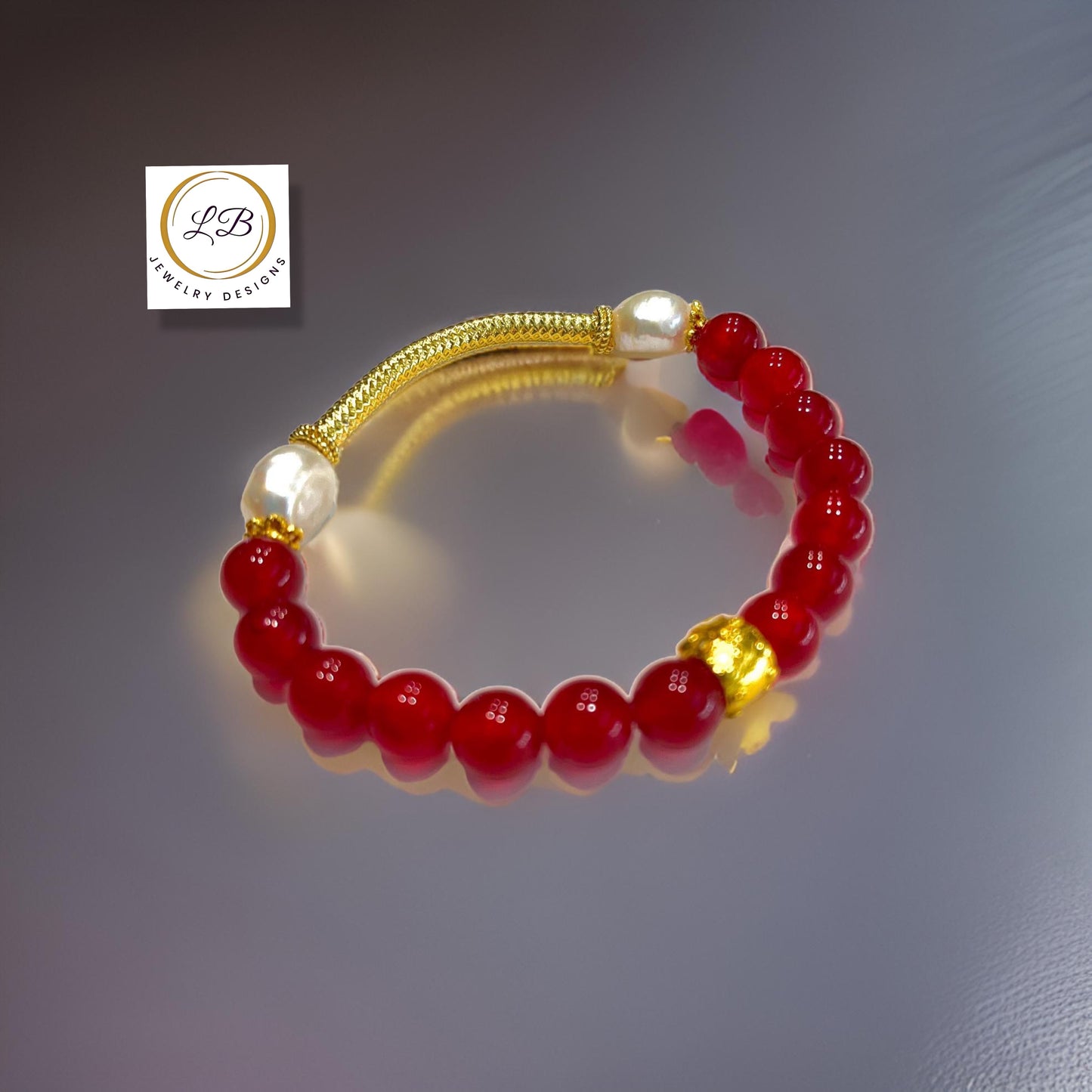 Red Aventurine & Pearl Gemstone Gold Bali Beaded Bracelet