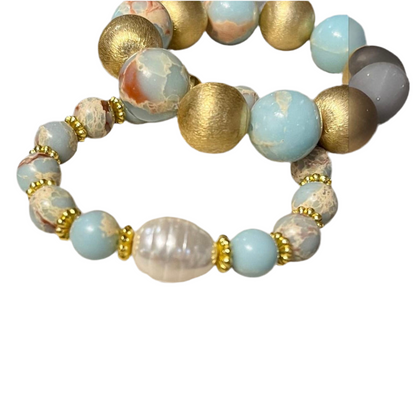 Aquaterra Impression Jasper and Pearl Gold Beaded Bracelet