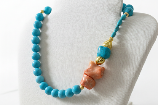 Turquoise and Coral Statement Necklace - Asymmetrical Gold Coastal Jewelry- Laura B.Smith Resort Collection