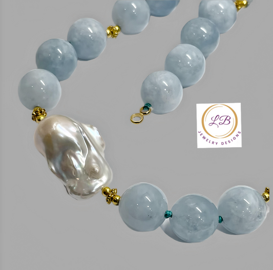 Lovely Aquamarine and Pearl Gemstone Pendant Statement Necklace 18”