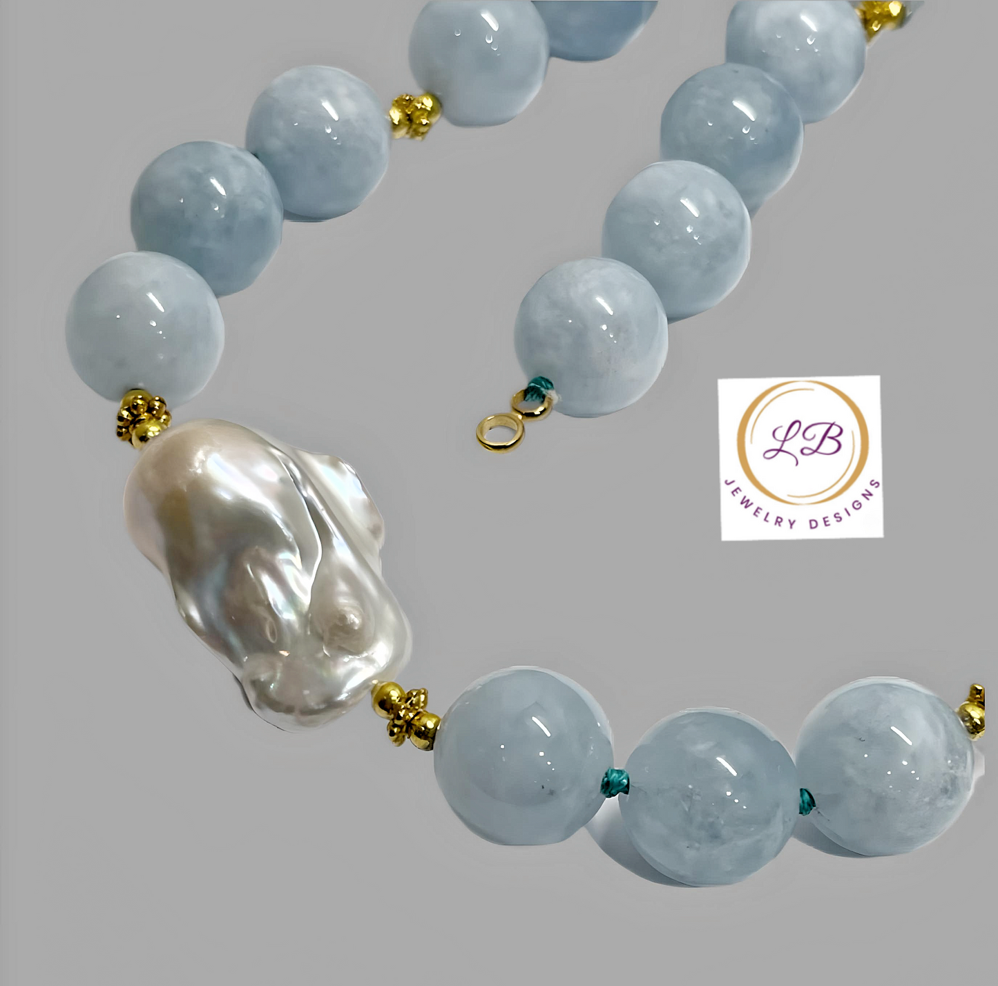 Lovely Aquamarine and Pearl Gemstone Pendant Statement Necklace 18”