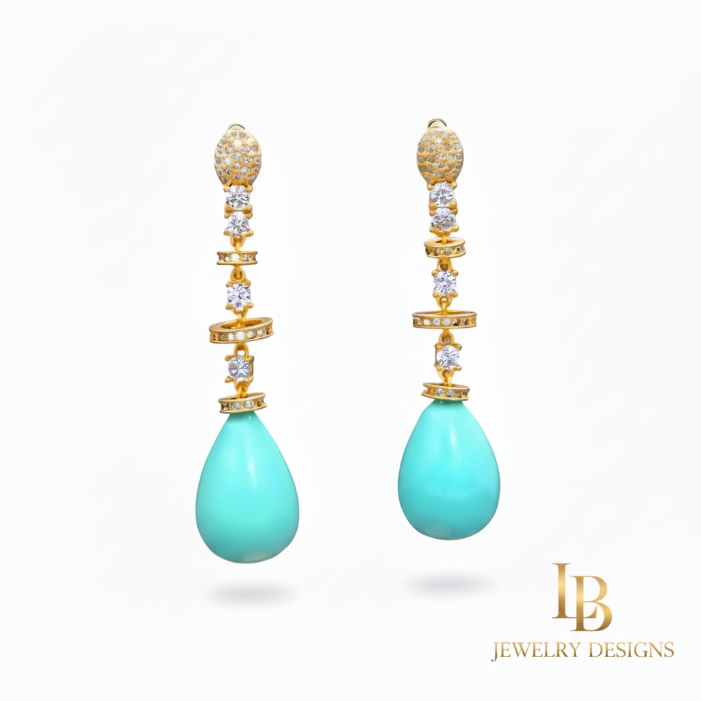 Sleeping Beauty Turquoise Dangle Earrings - Pave Gold Statement Earrings 1.8”