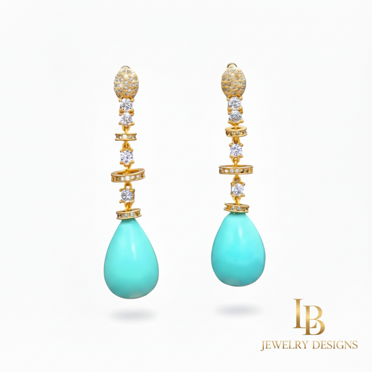 Sleeping Beauty Turquoise Dangle Earrings - Pave Gold Statement Earrings 1.8”