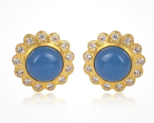 Light Blue Chalcedony Gold Stud Earrings 1”