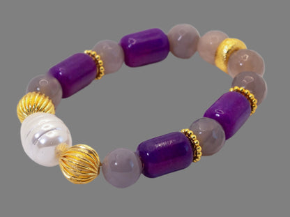 Purple Sugilite, Gray Onyx & Pearl Gemstone Beaded Bracelet