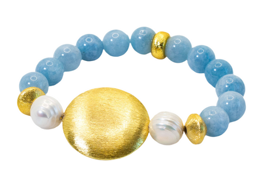 Aquamarine & Pearl Gemstone Gold Beaded Bracelet