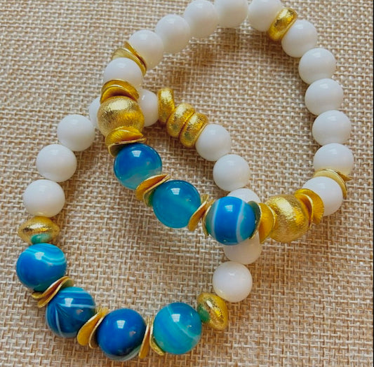 Brushed Gold Vermeil Alabaster and Blue-Banded Agate Gemstone Bracelet