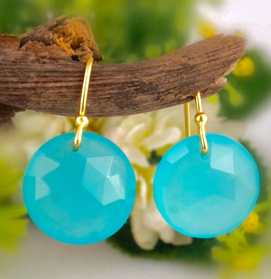 Aqua Blue Chalcedony Gold Dangle Earrings 1.5”