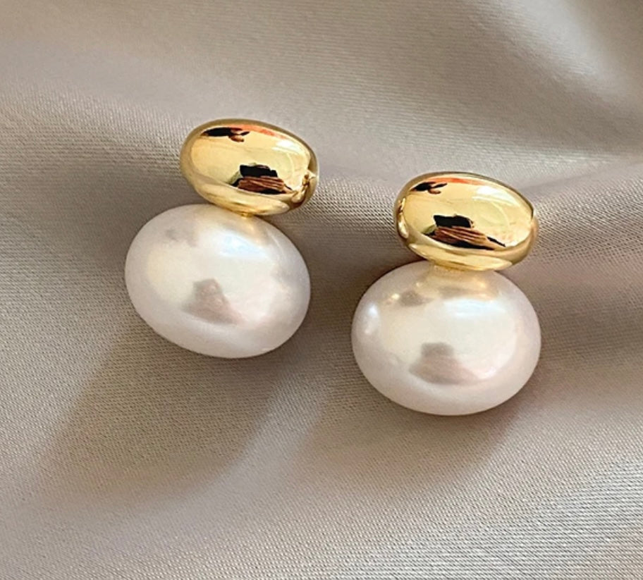 French Silver and Gold Vermeil Pearl Pebble Earrings