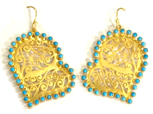 Turquoise Gemstones and 22k Gold Vermeil Filigree Heart-Shaped Dangle Earrings