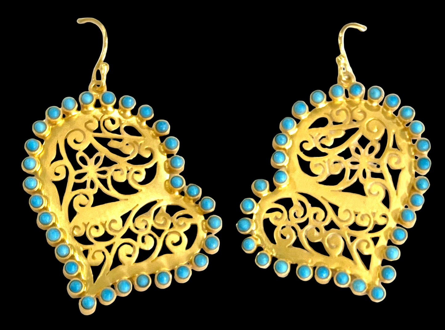 Turquoise 22k Gold Vermeil Filigree Heart-Shaped Statement Earrings