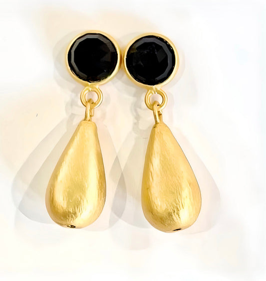 Black Onyx 22k Brushed Gold Vermeil Teardrop Dangle Earrings 1.5”